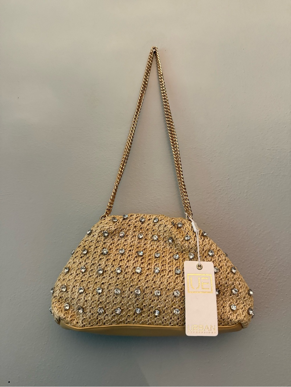 Urban Expressions Gold Straw Shoulder Bag with Crystal Accents